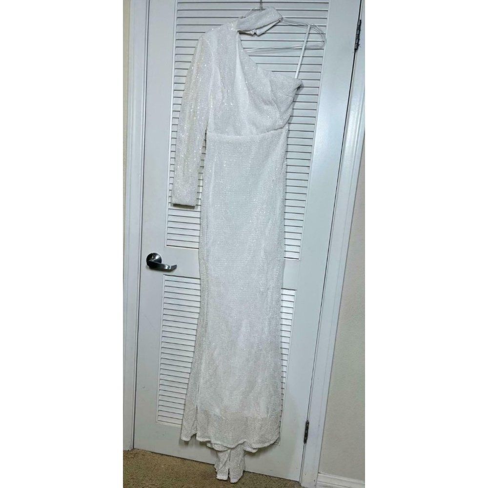 White Sequin Long Sleeve One Shoulder Mock Neck Bodycon Mermaid Maxi Dress NWT - Picture 7 of 8